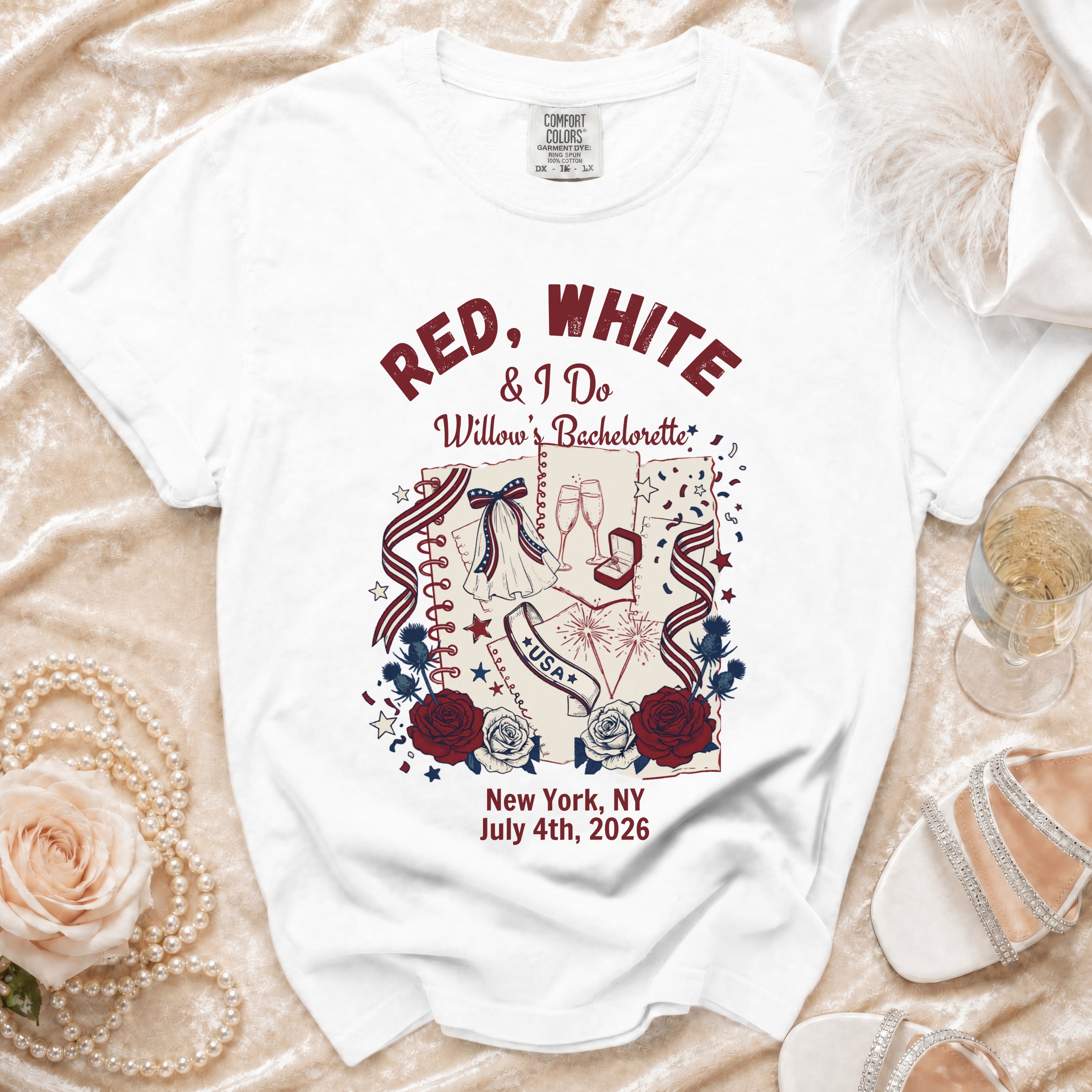White t-shirt with "RED, WHITE & I Do Willow's Bachelorette" text and patriotic graphics.