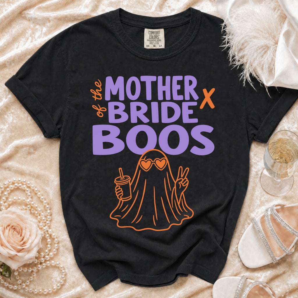 Black Comfort Colors t-shirt with "The Mother of the Bride Boos" text and ghost graphic.