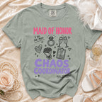 Maid of Honor Chaos Coordinator t-shirt with engagement ring and champagne illustration.