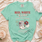 Red, White & I Do bachelorette t-shirt with cowboy boots and bouquet.