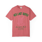 Pink t-shirt with "Her Last Rodeo Jennifer's Bach Nashville, IN Summer 2026" and cowboy boots graphic.