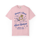 Pink t-shirt with "Sarah's Bach Last Splash Malibu, CA Summer 2026" graphic.