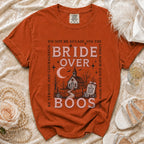 Orange t-shirt with "Bride Over Boos" text and gothic church graphic.