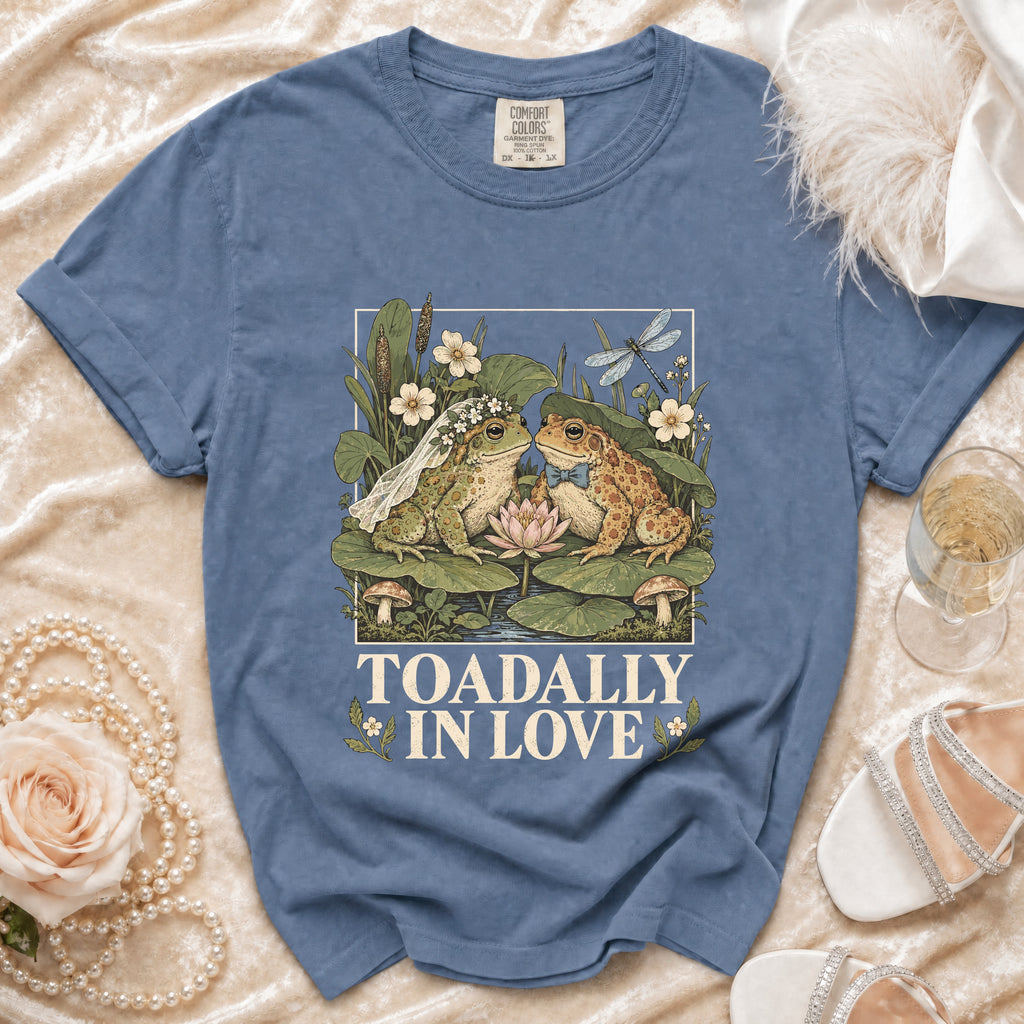 Blue t-shirt with cartoon frogs in wedding attire and text "TOADALLY IN LOVE".