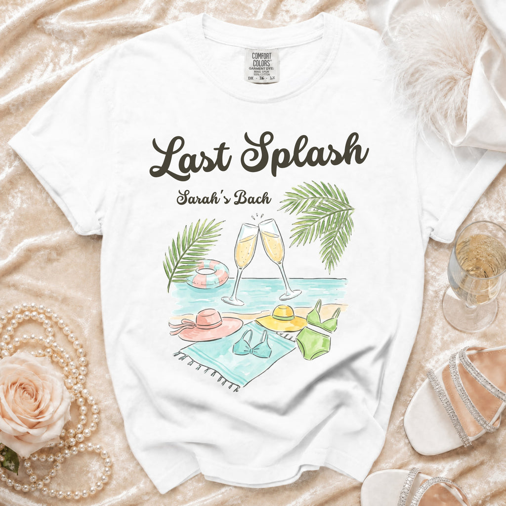 White t-shirt with "Last Splash Sarah's Bach" text and beach party graphics.