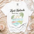 White t-shirt with "Last Splash Sarah's Bach" text and beach party graphics.