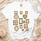 White t-shirt with "Future Mrs." and wedding-themed framed illustrations.