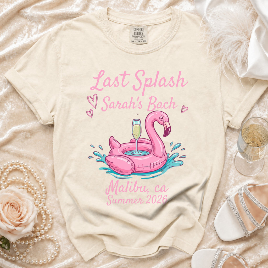 Cream t-shirt with "Last Splash Sarah's Bach" and Malibu summer 2026.