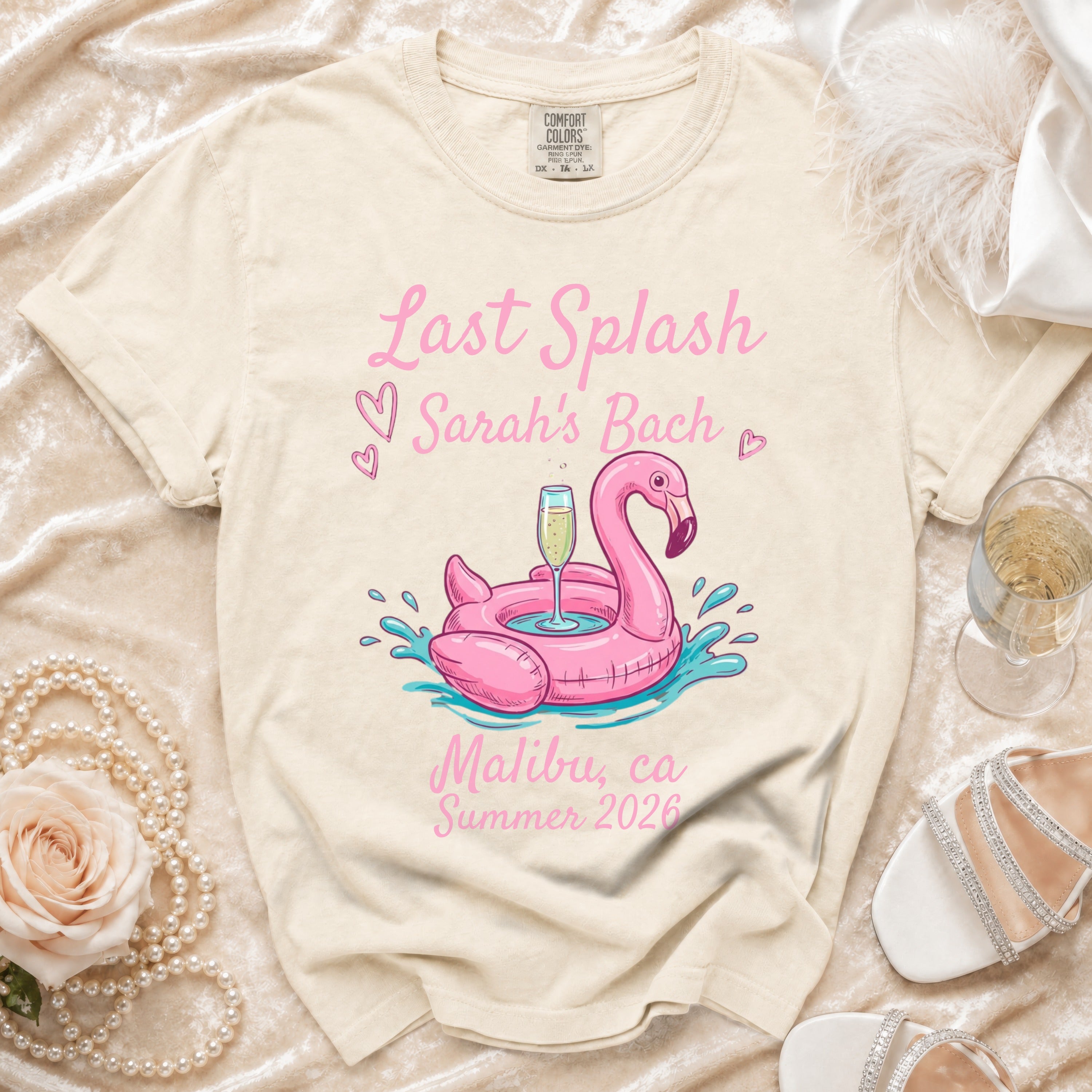 Cream t-shirt with "Last Splash Sarah's Bach" and Malibu summer 2026.