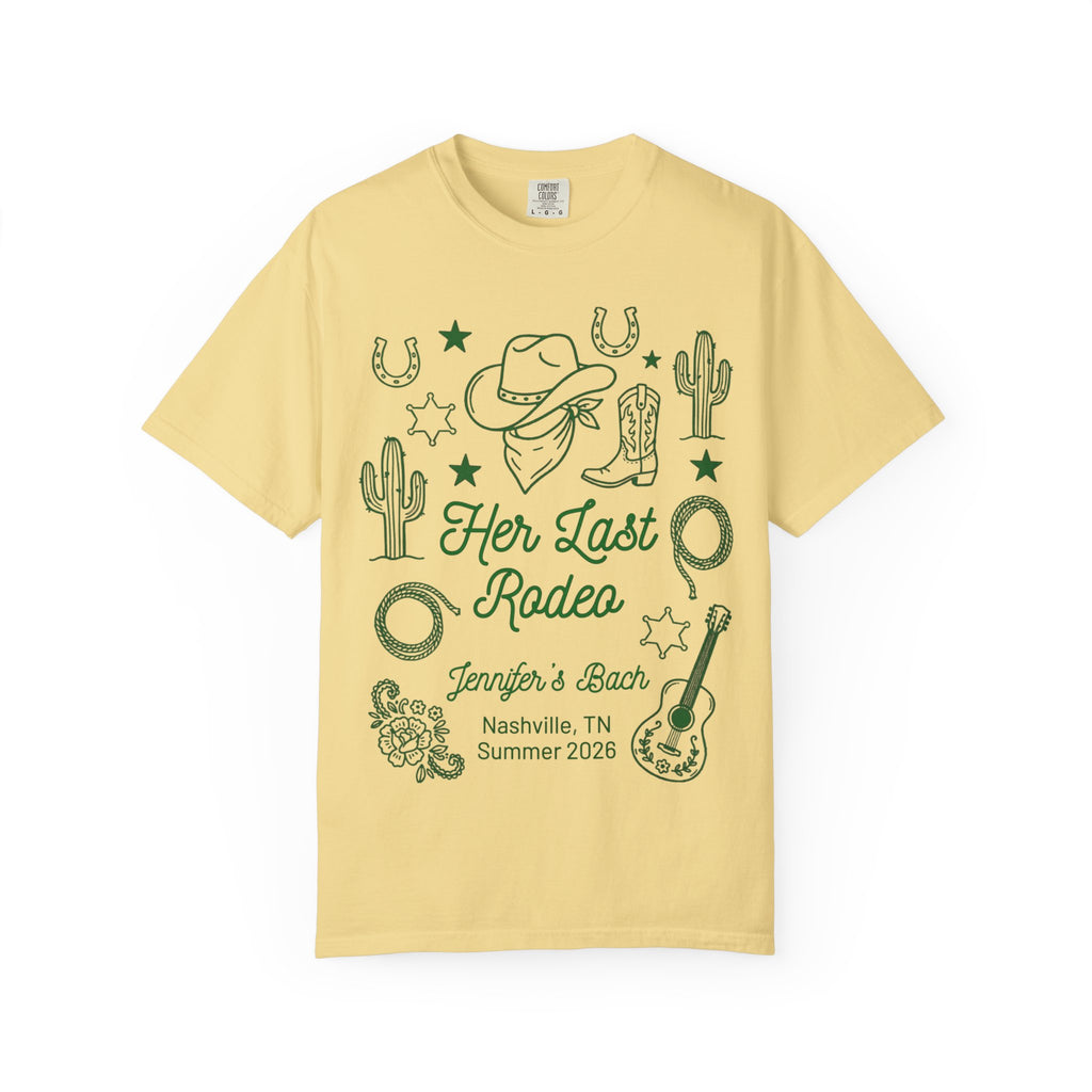 Yellow t-shirt with "Her Last Rodeo" design, cowboy hat, boots, and cactus.