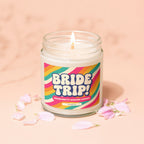 Bride Trip! Bachelorette Weekend Loading candle with retro stripe label.