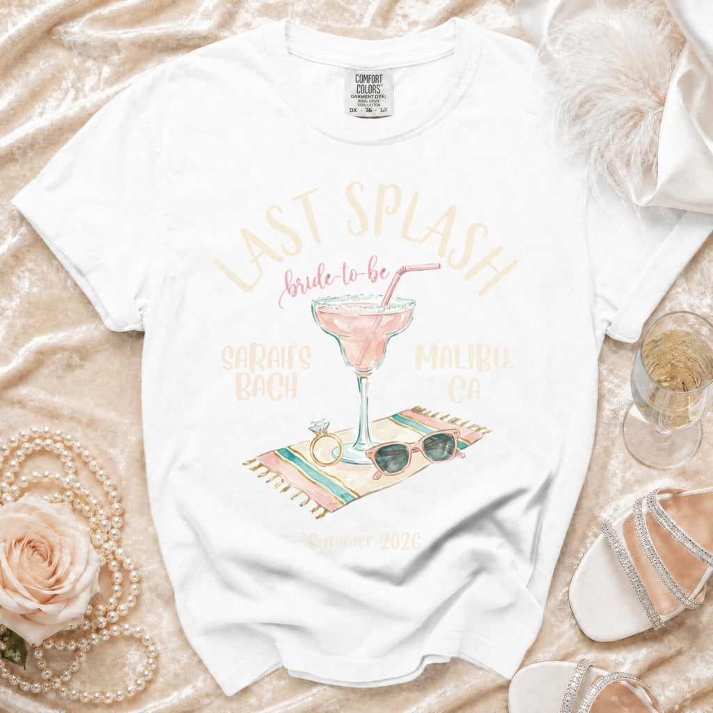 White t-shirt with "Last Splash Bride-to-Be Malibu CA" graphic.