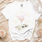 White t-shirt with "Last Splash Bride-to-Be Malibu CA" graphic.