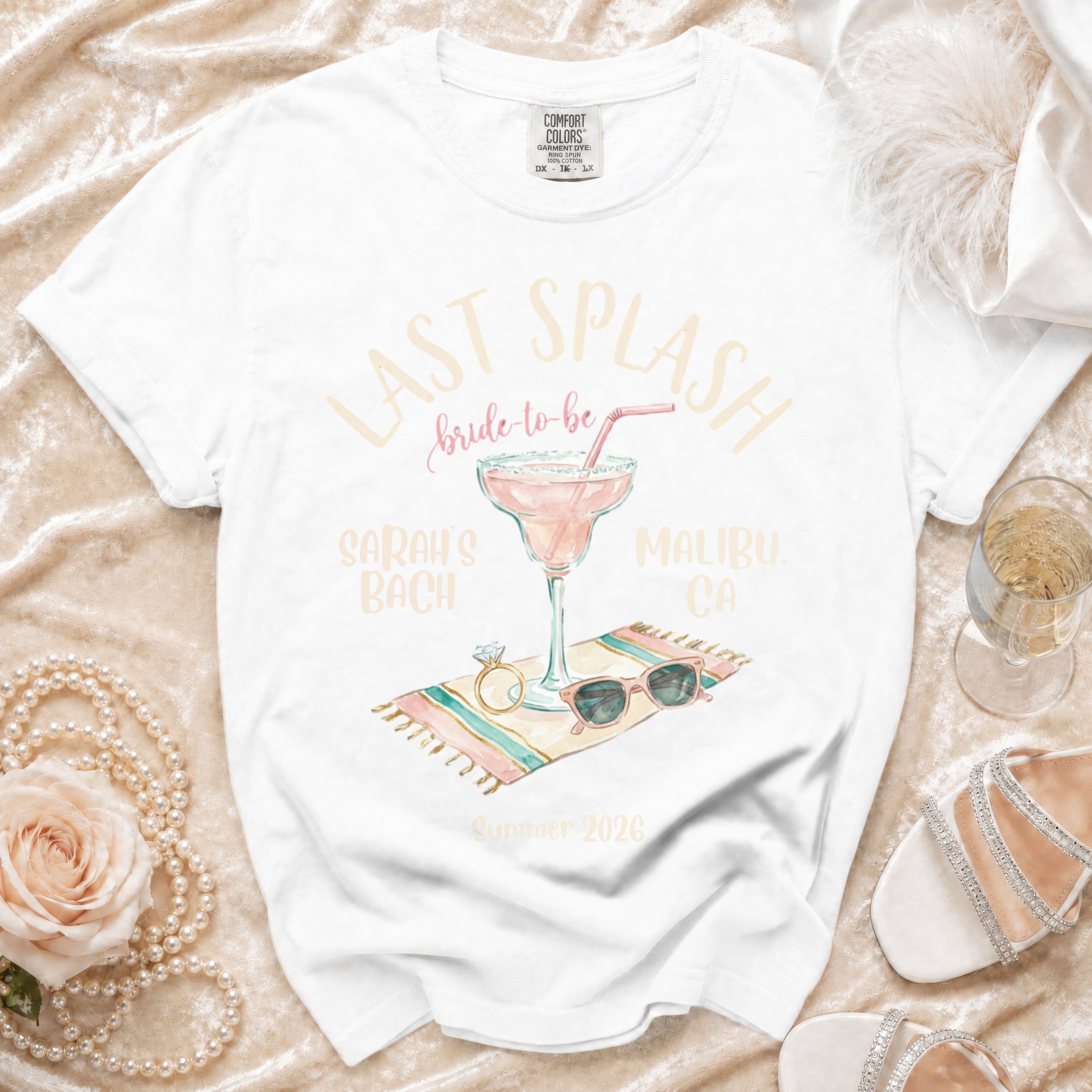 White t-shirt with "Last Splash Bride-to-Be Malibu CA" graphic.