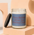Glass candle with "Burn Before After the Seating Chart" text and small "vowed" label.