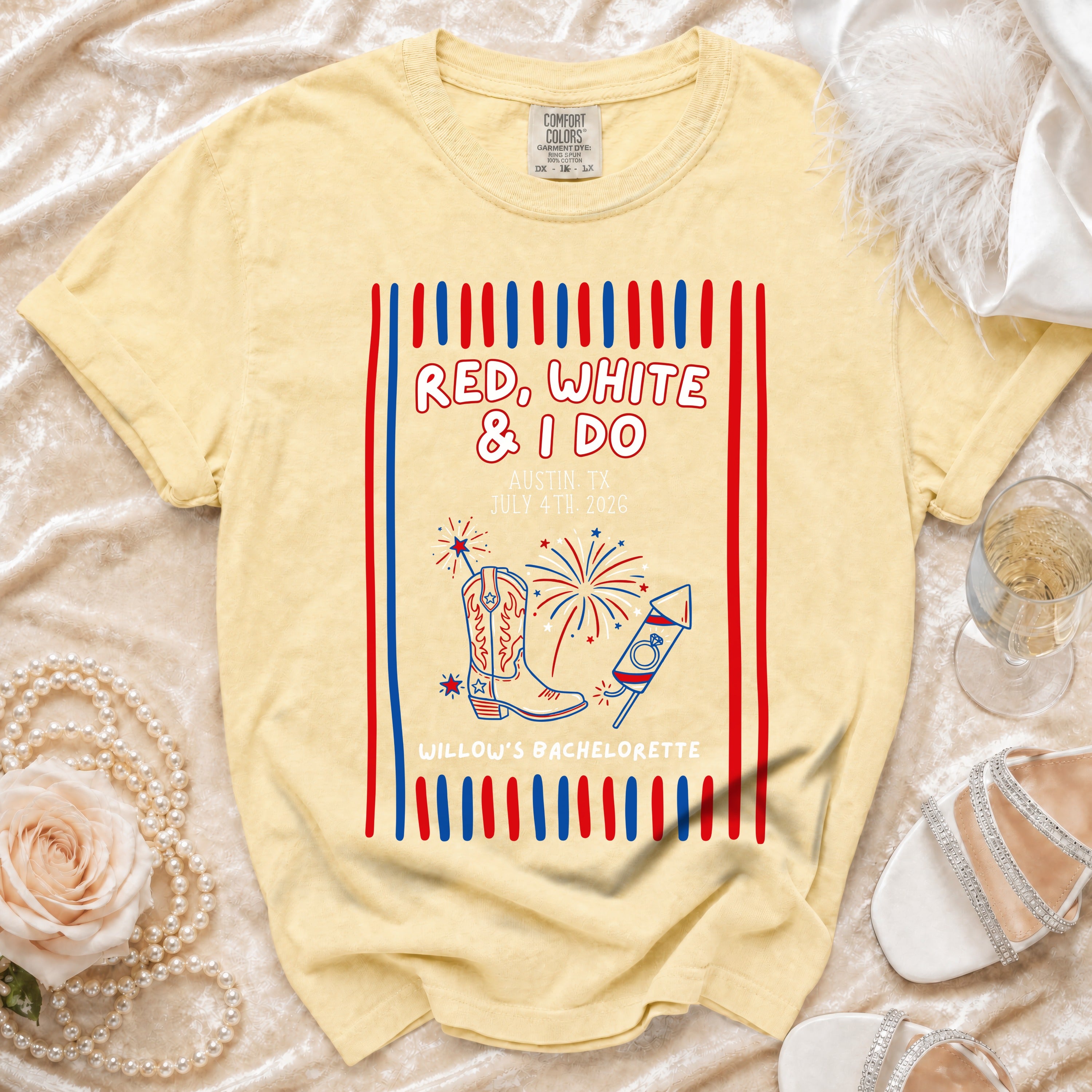 Yellow t-shirt with "Red, White & I Do" and bachelorette details.