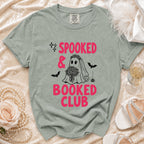 Sage green t-shirt with "Spooked & Booked Club" text and a bride ghost.