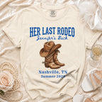 "Her Last Rodeo Jennifer's Back" text above cowboy hat and boots.