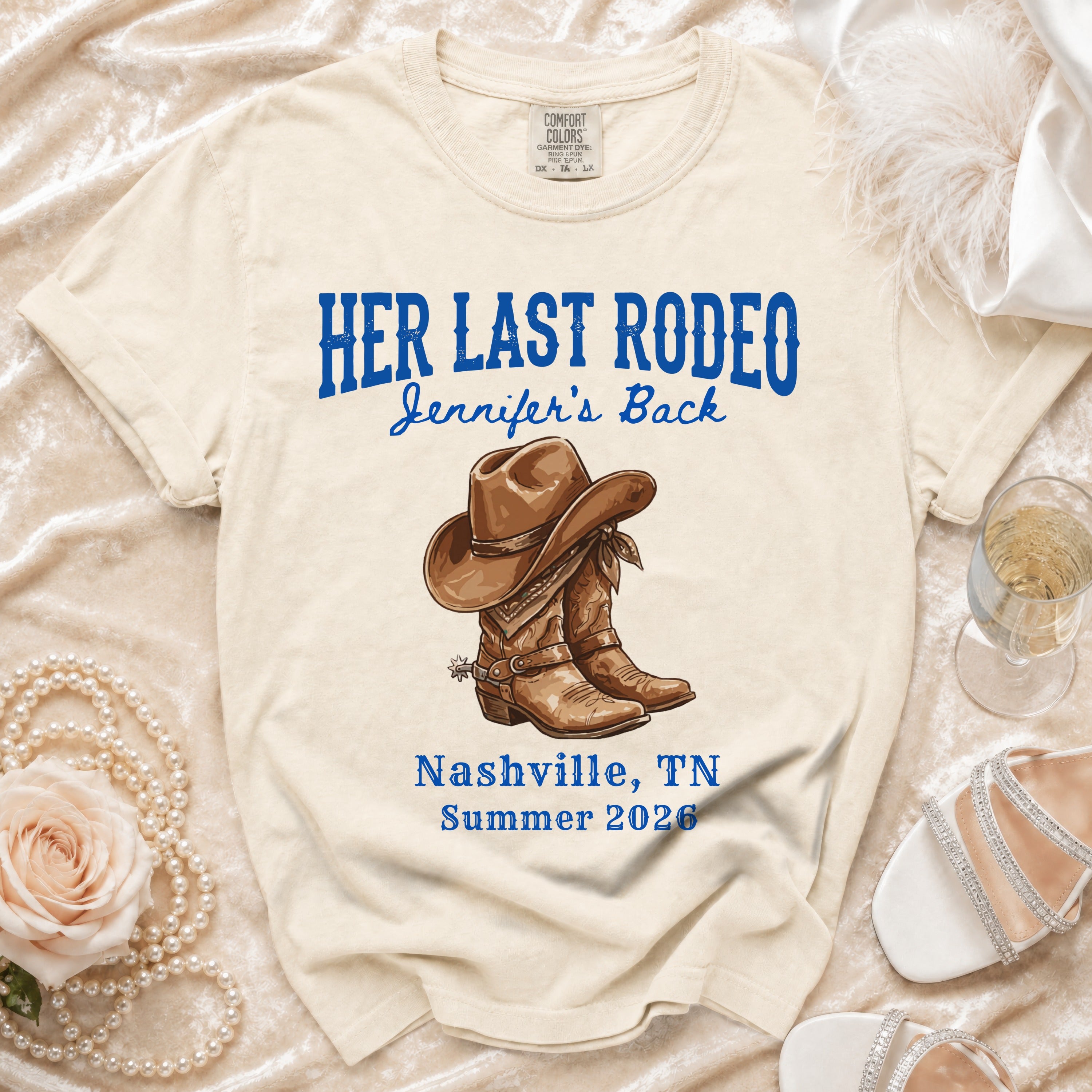 "Her Last Rodeo Jennifer's Back" text above cowboy hat and boots.
