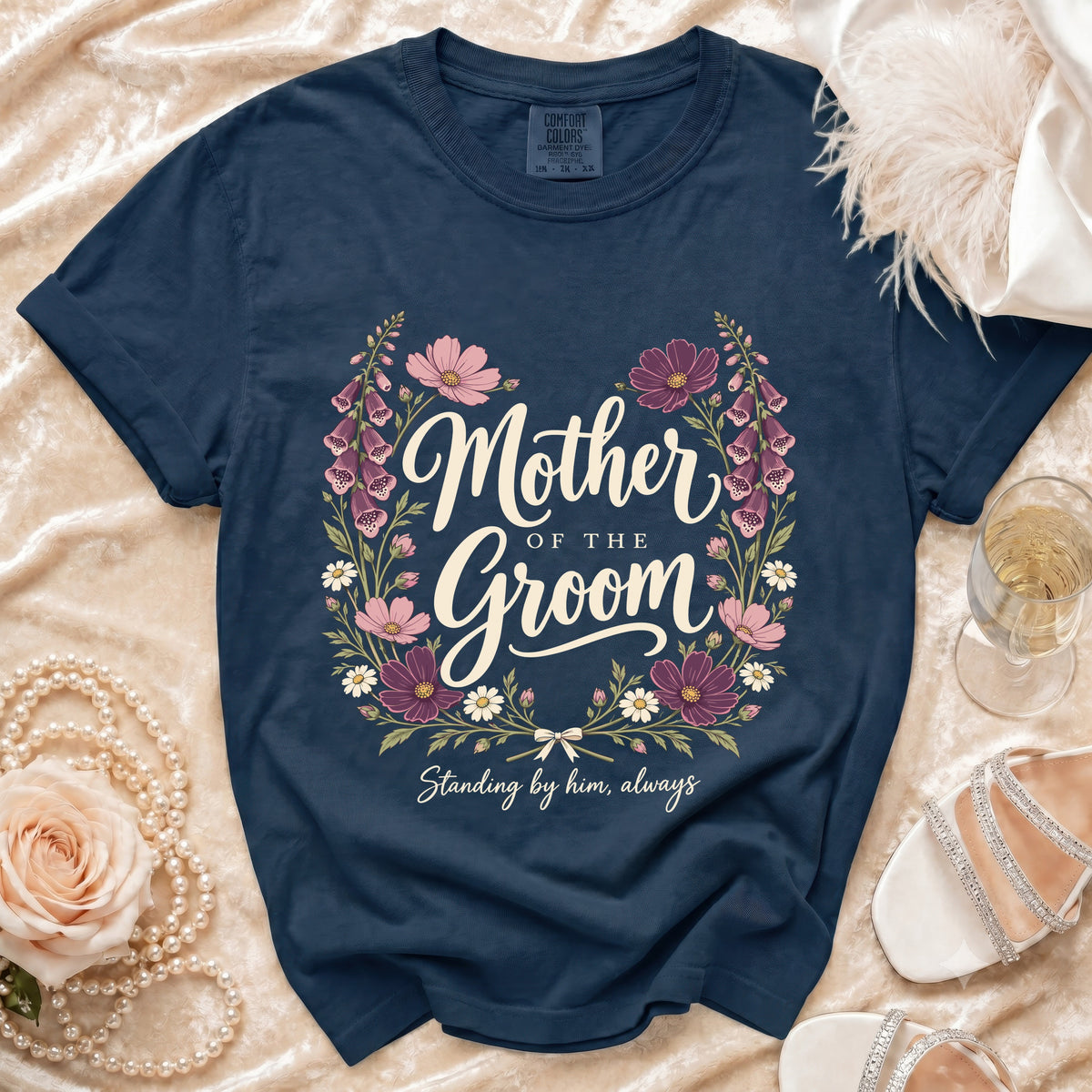 Navy t-shirt with "Mother of the Groom" and floral design.