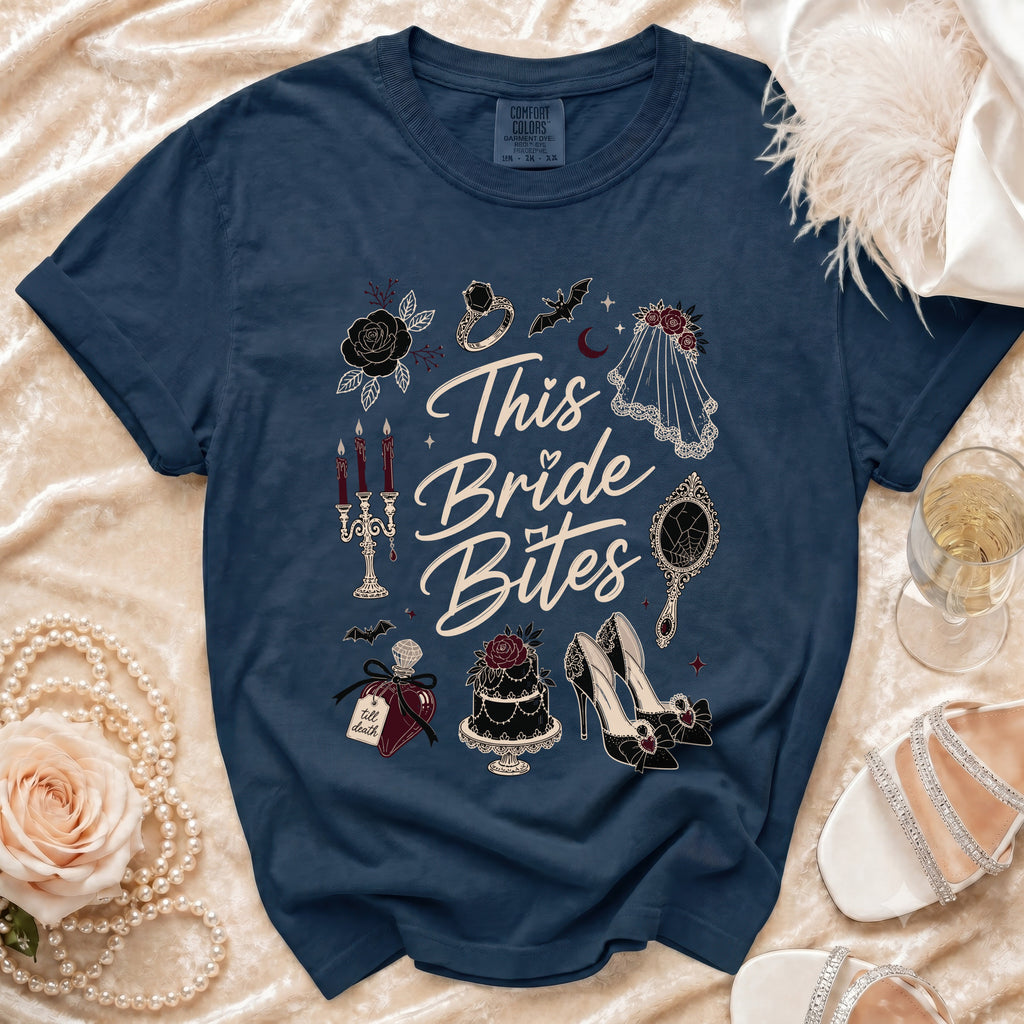 Navy t-shirt with "This Bride Bites" text and gothic wedding graphics.