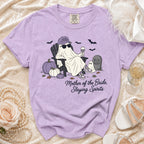 Purple Comfort Colors t-shirt with ghost graphic and text "Mother of the Bride, Slaying Spirits".