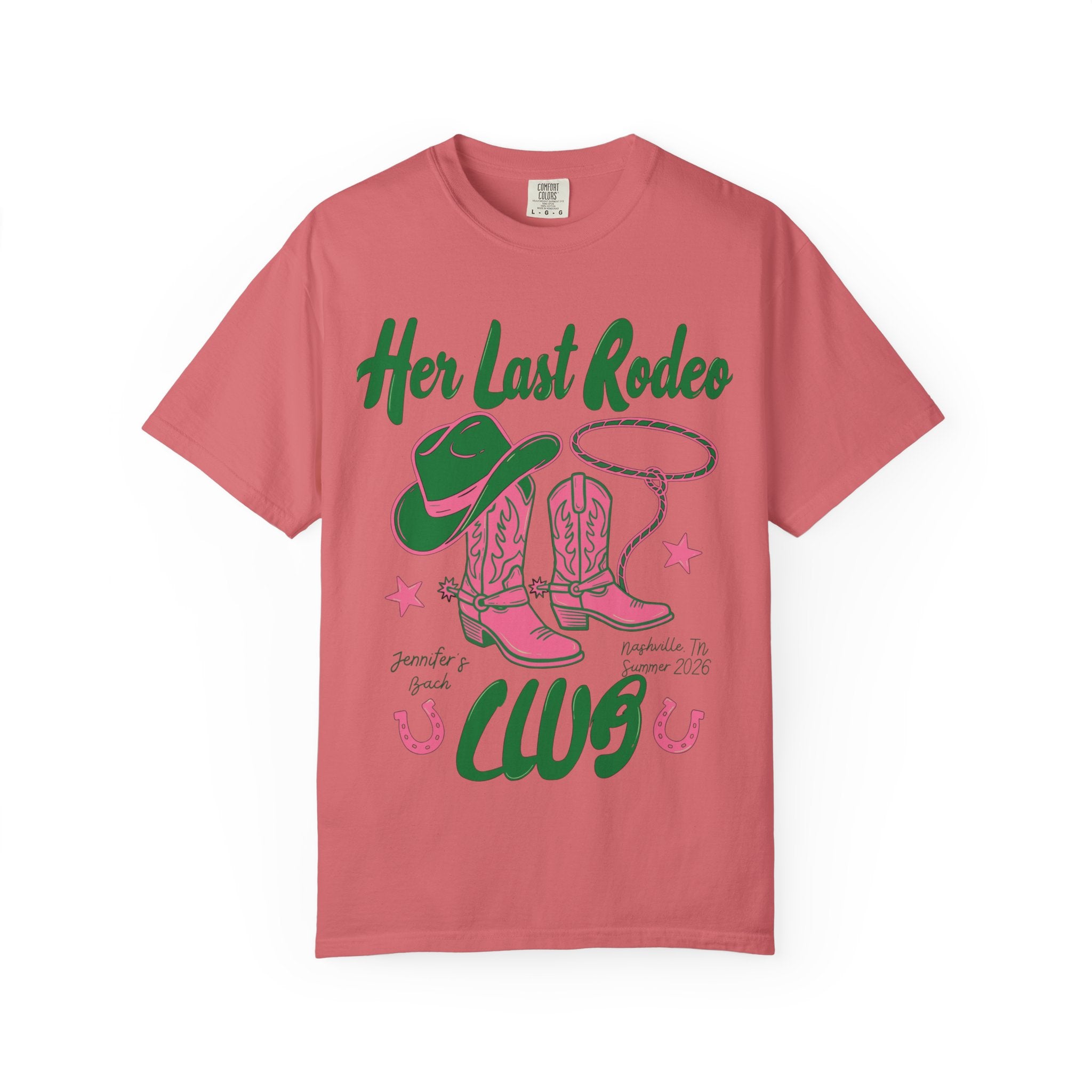Pink cowboy boots and hat with "Her Last Rodeo" and Nashville bachelorette details.
