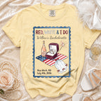 Red, White & I Do Bachelorette tee with engagement ring, champagne, and USA flag.