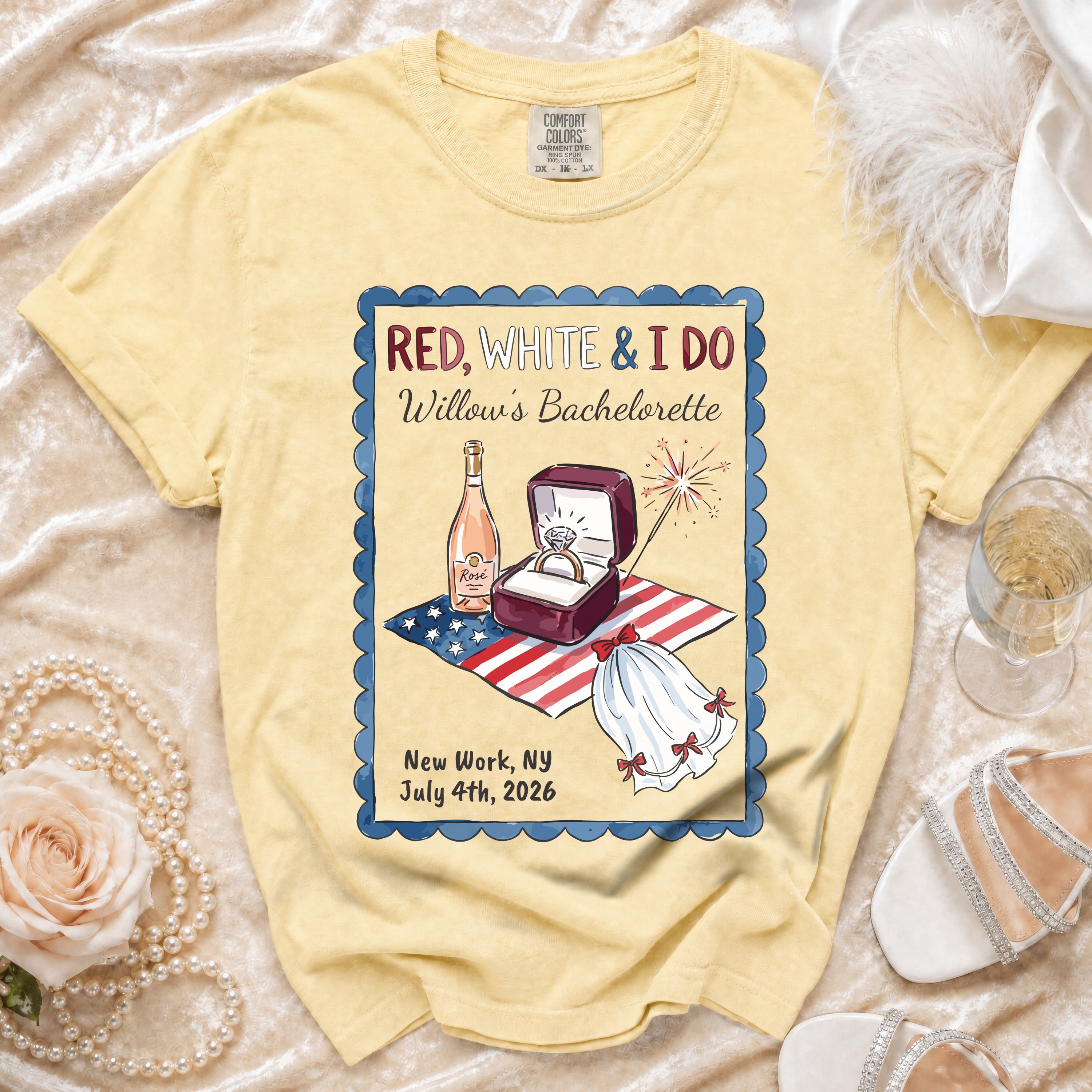 Red, White & I Do Bachelorette tee with engagement ring, champagne, and USA flag.