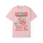 Pink t-shirt with "Last Splash" flamingo float, cocktail, and text.