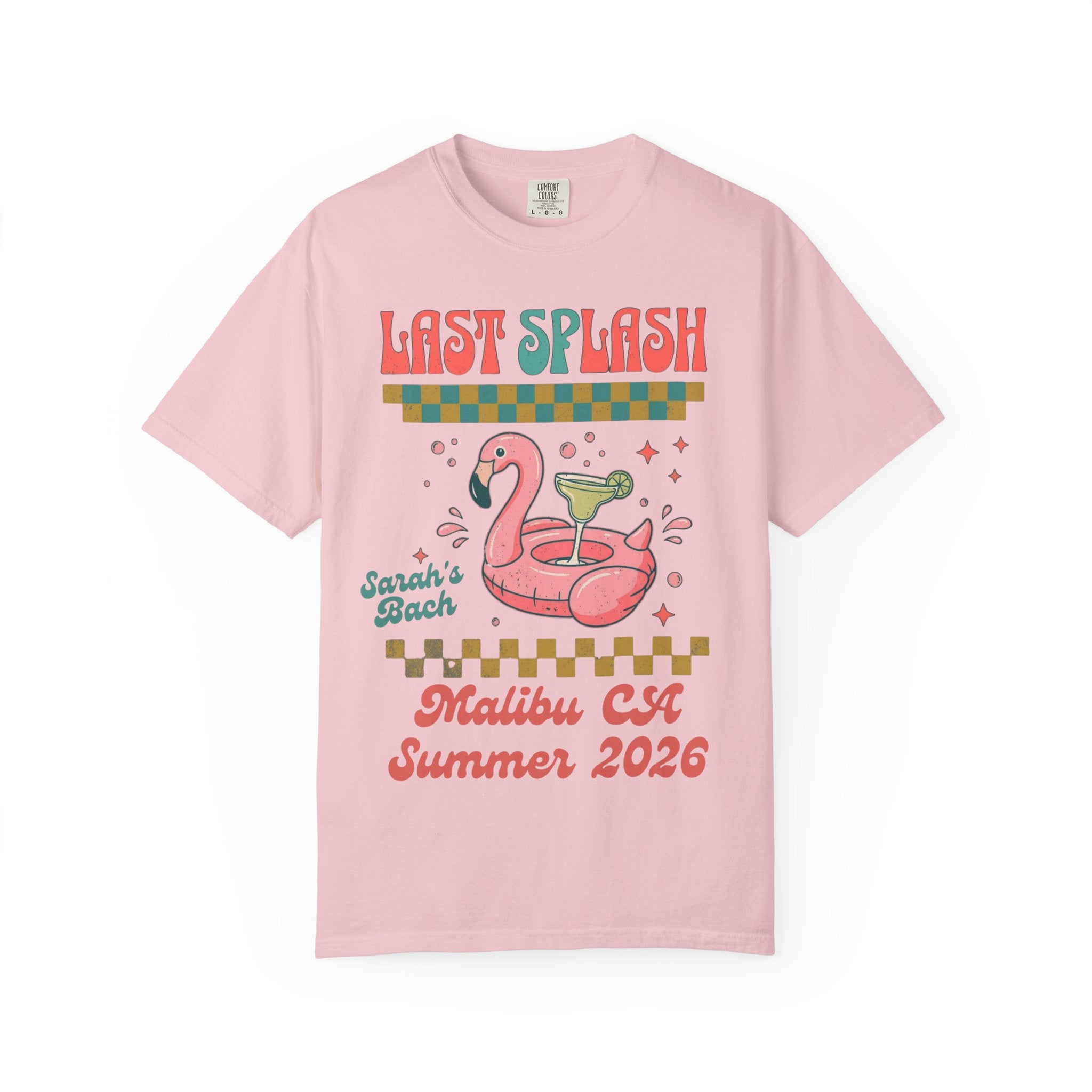 Pink t-shirt with "Last Splash" flamingo float, cocktail, and text.