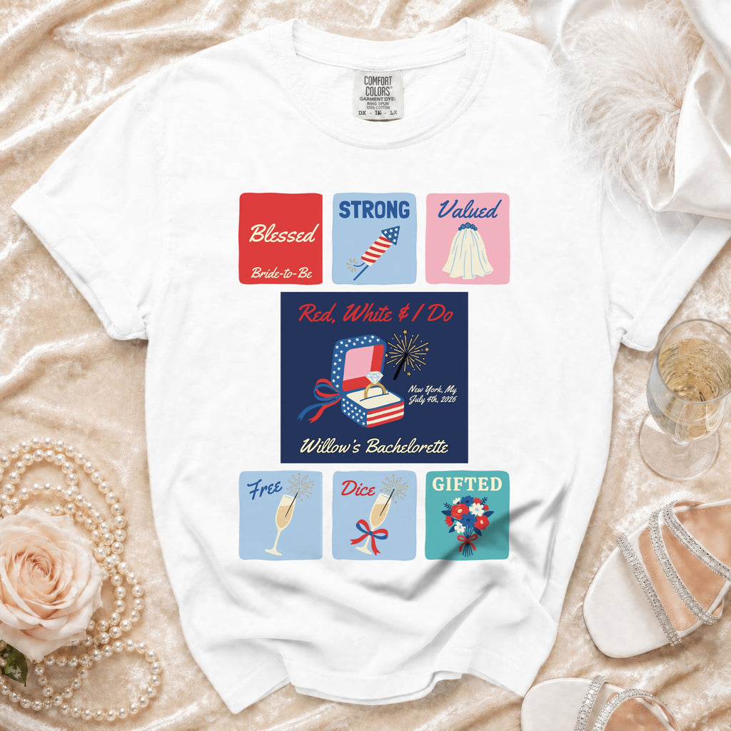 White t-shirt with "Blessed Bride-to-Be" and "Red, White & I Do" bachelorette graphics.
