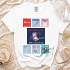 White t-shirt with "Blessed Bride-to-Be" and "Red, White & I Do" bachelorette graphics.