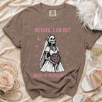 Brown t-shirt with a skeleton bride graphic and "Mother, I am but bride of Frankenstein" text.