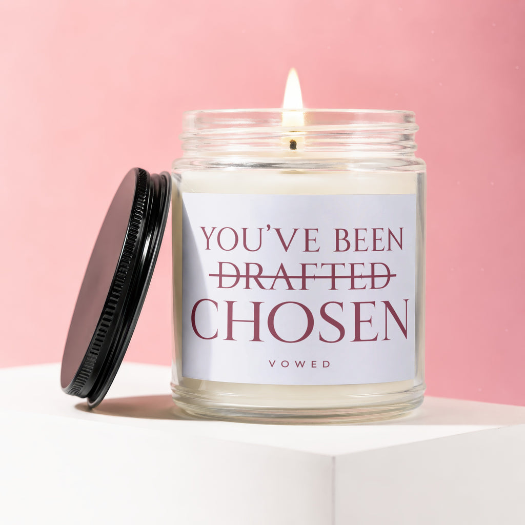 Candle with text "You've Been Chosen" and a struck-out "Drafted".