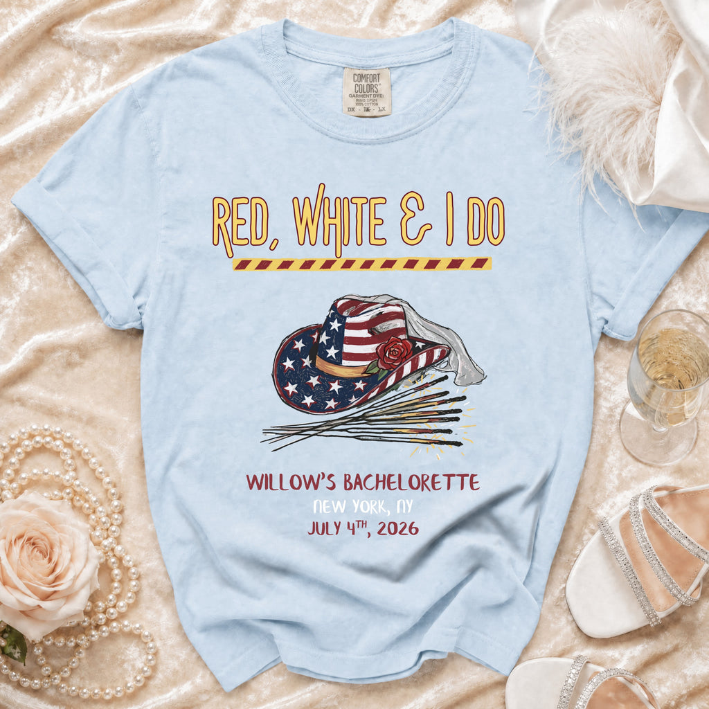 T-shirt graphic for "Willow's Bachelorette July 4th 2026" with cowboy hat.
