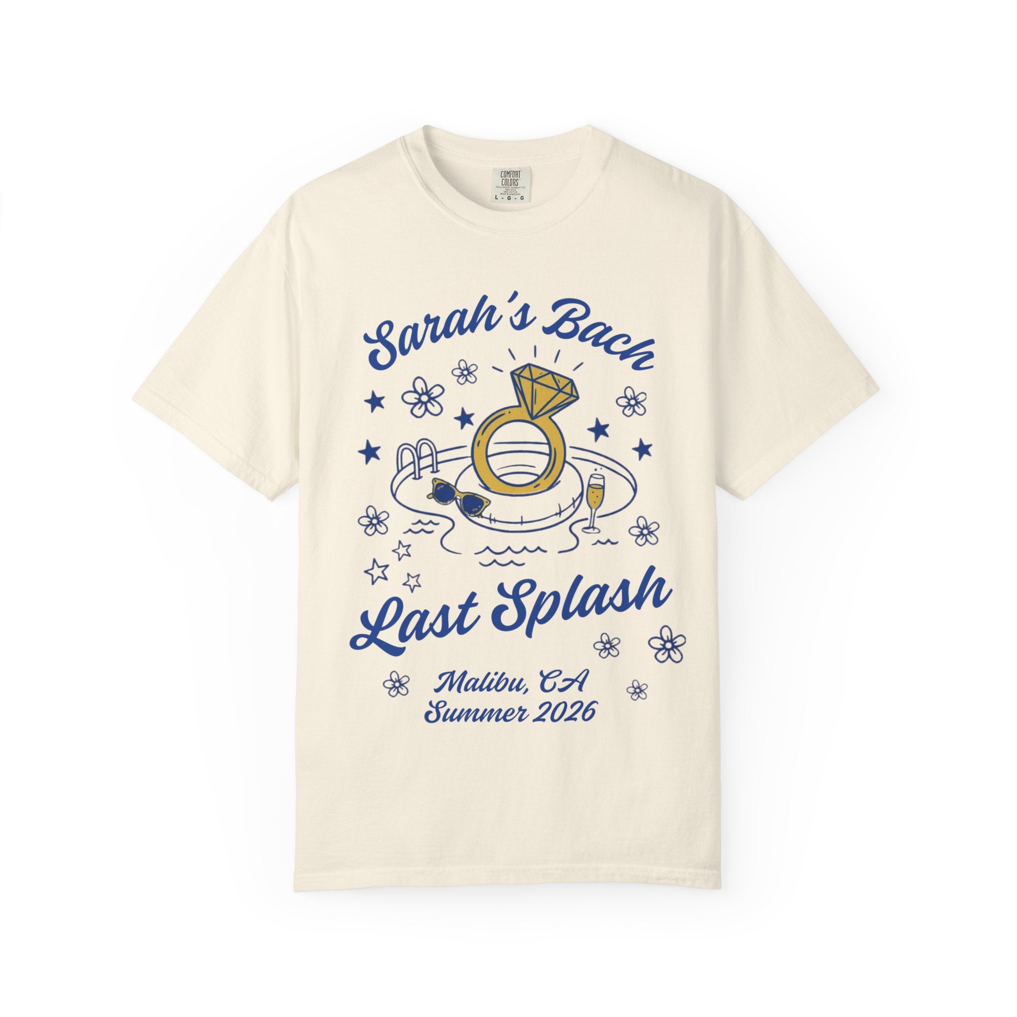 "Sarah's Bach Last Splash" text with ring, pool, and champagne graphic.