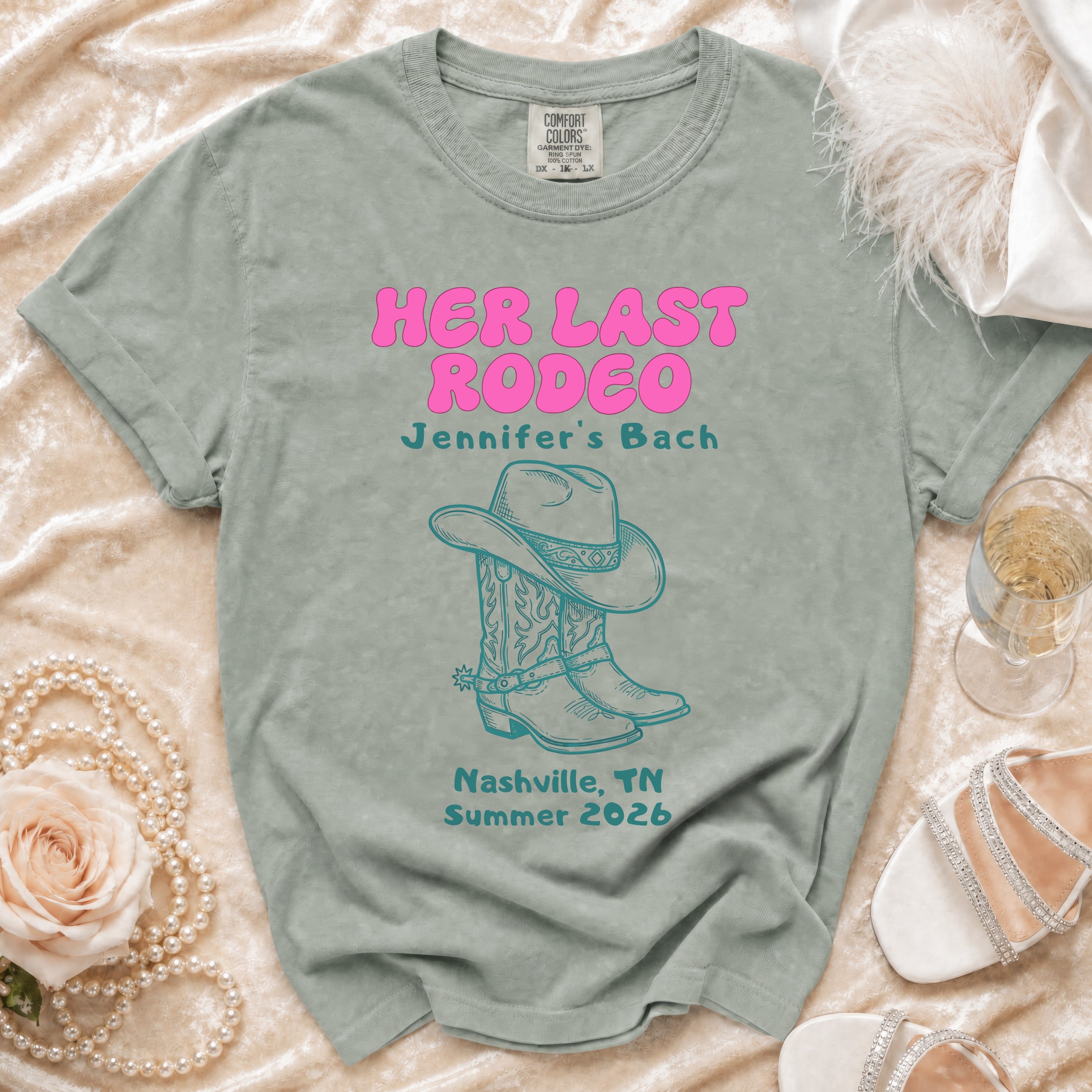 Her Last Rodeo t-shirt with cowboy boots and hat, Jennifer's Bach, Nashville Summer 2026.