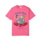 Pink t-shirt with "Sarah's Bach LAST SPLASH" and flamingo cocktail graphic.