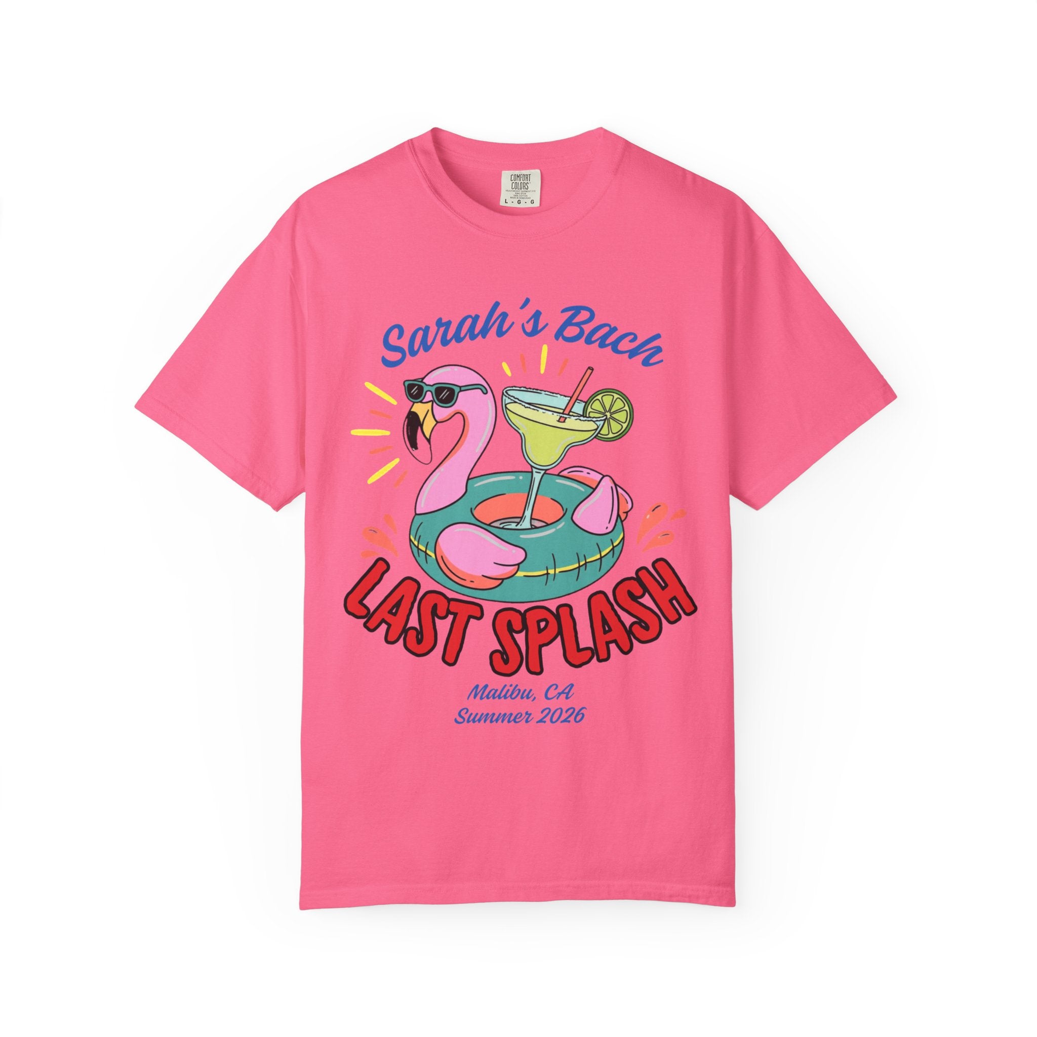 Pink t-shirt with "Sarah's Bach LAST SPLASH" and flamingo cocktail graphic.