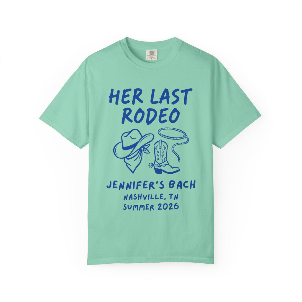 Mint t-shirt with "Her Last Rodeo" text and rodeo graphics for Jennifer's Bach.