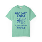 Mint t-shirt with "Her Last Rodeo" text and rodeo graphics for Jennifer's Bach.