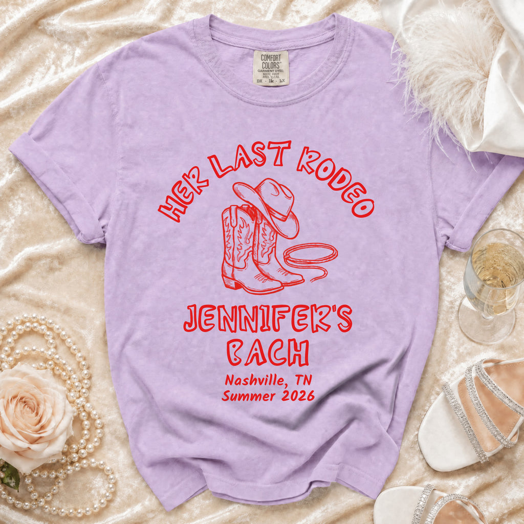 Lavender t-shirt with "Her Last Rodeo" and "Jennifer's Bach" text.