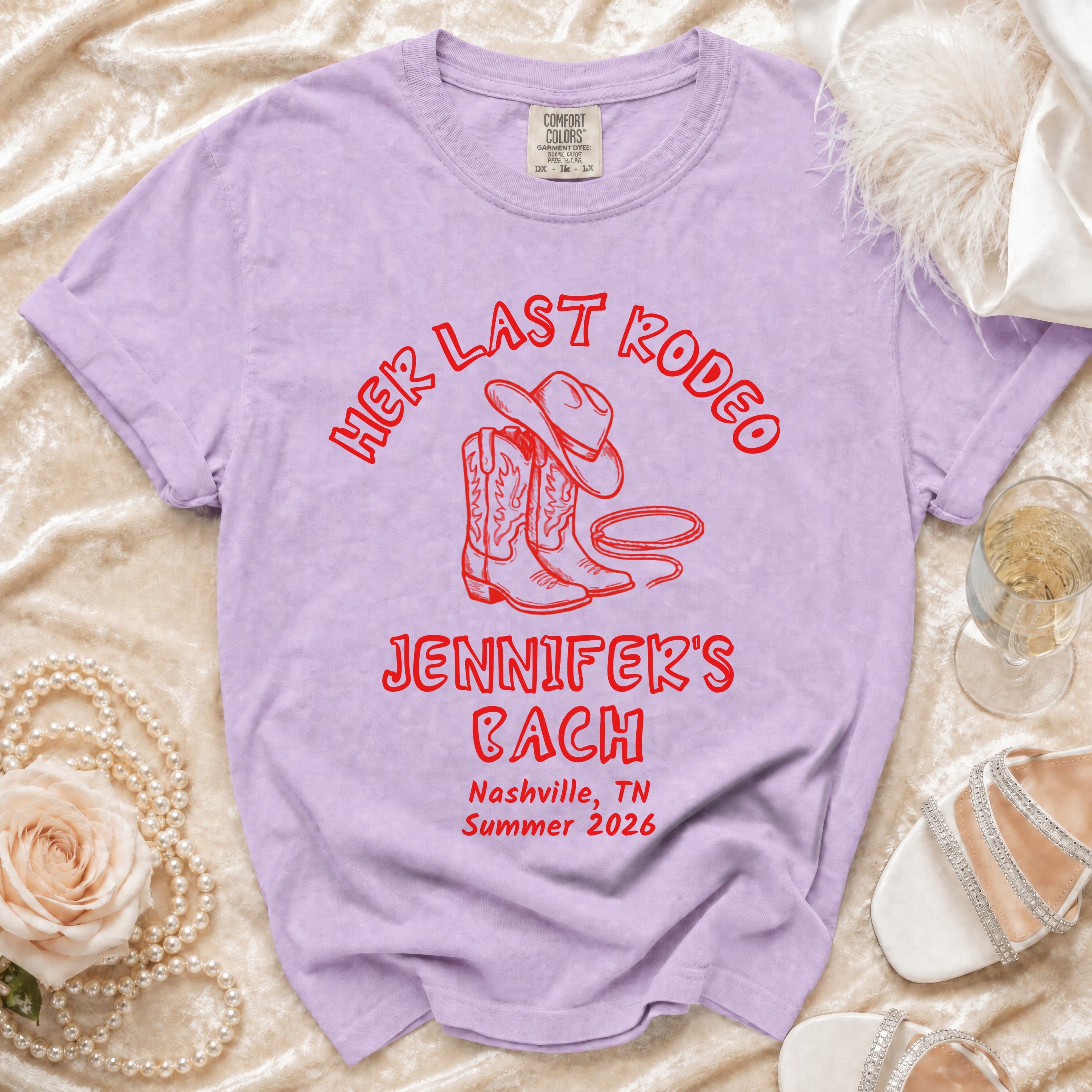 Lavender t-shirt with "Her Last Rodeo" and "Jennifer's Bach" text.