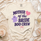 Light beige t-shirt with "Mother of the Bride Boo Crew" text and ghost graphic.