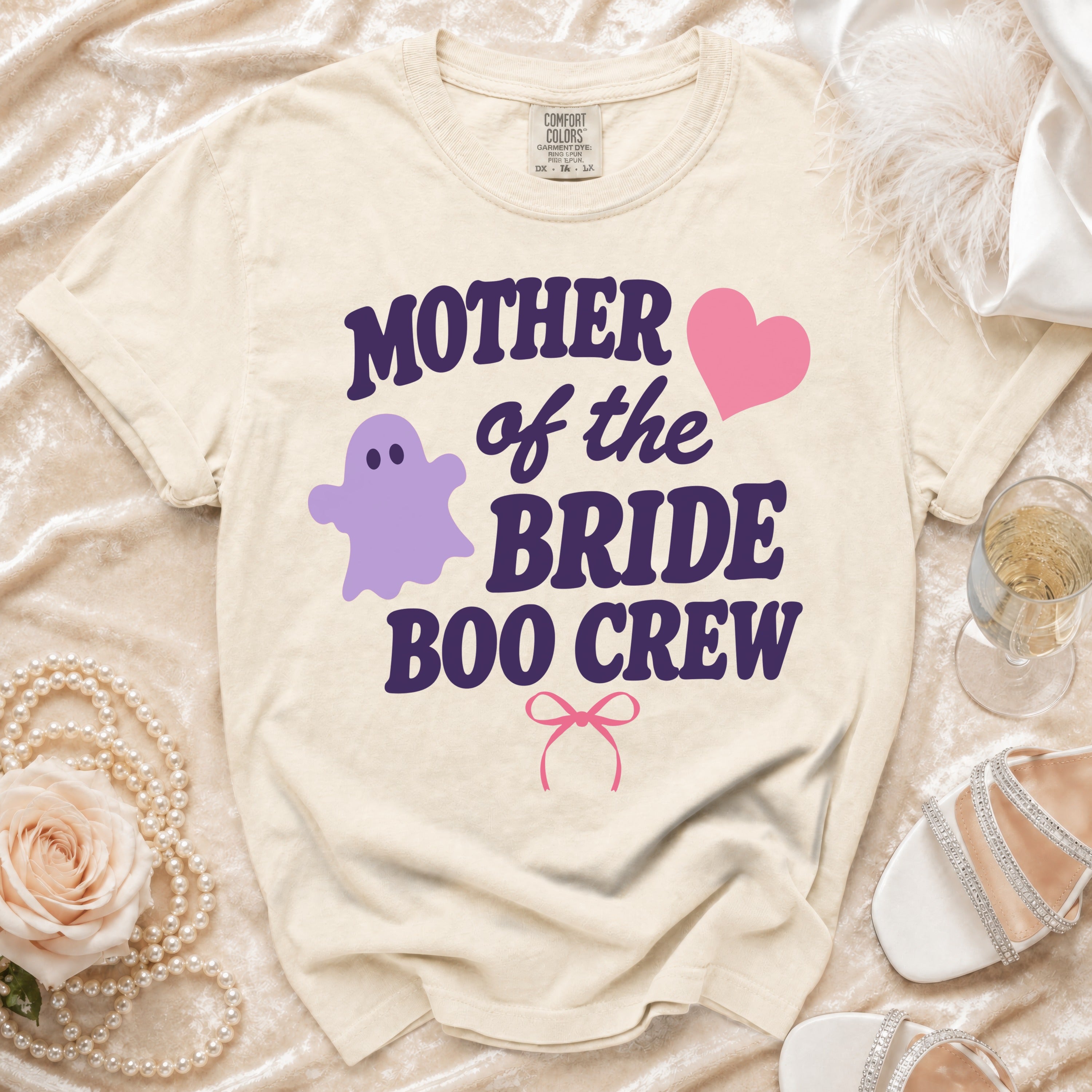Light beige t-shirt with "Mother of the Bride Boo Crew" text and ghost graphic.