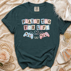 T-shirt with "Player Two For Life" text, gaming controllers, and wedding rings.