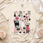 Cream t-shirt with "Mother of the Bride" text and various pink and black graphics.