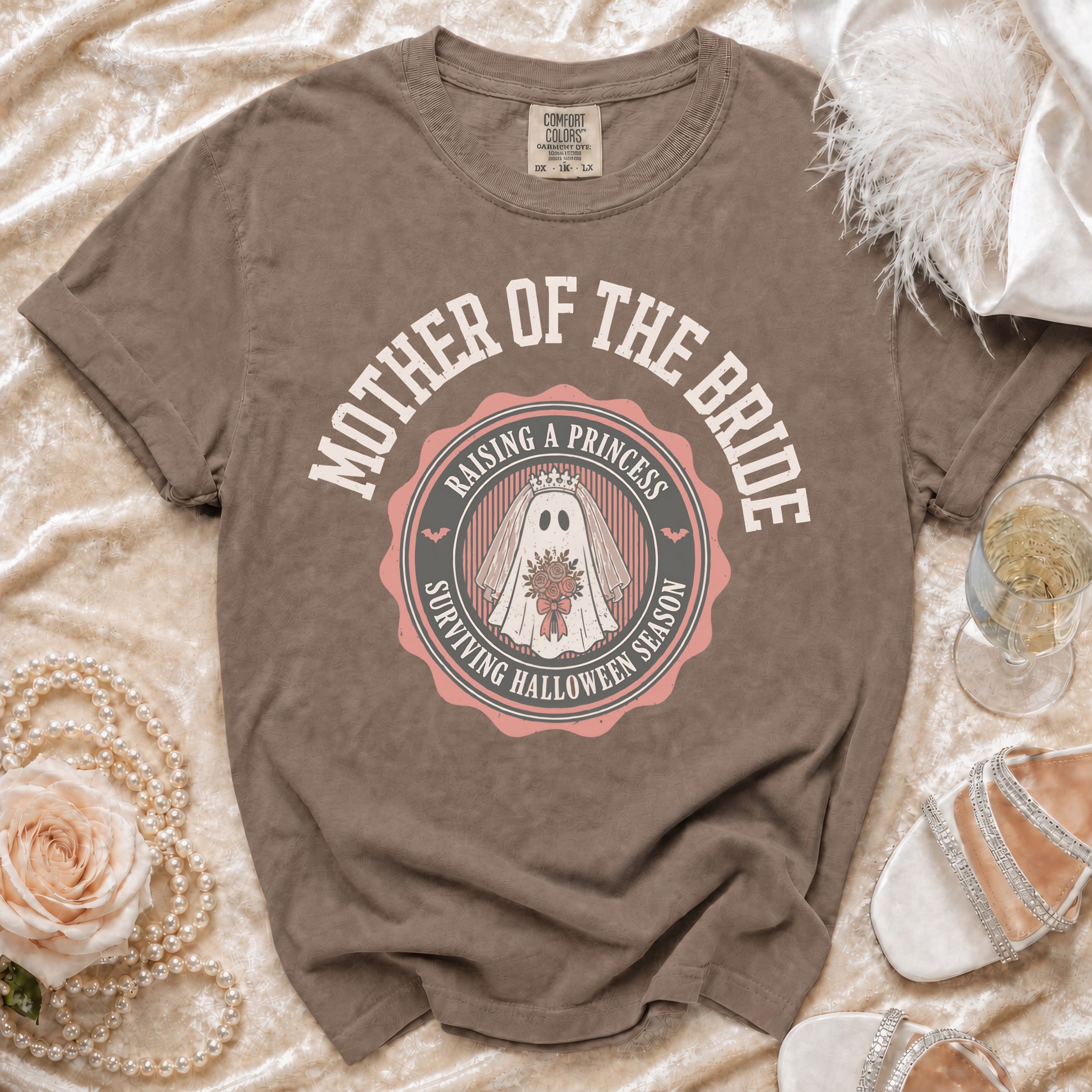 Mother of the Bride shirt with ghost graphic, "Raising a Princess" and "Surviving Halloween Season".
