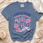 Blue t-shirt with "Maid of Honor Professional Panic Manager" text and wedding icons.